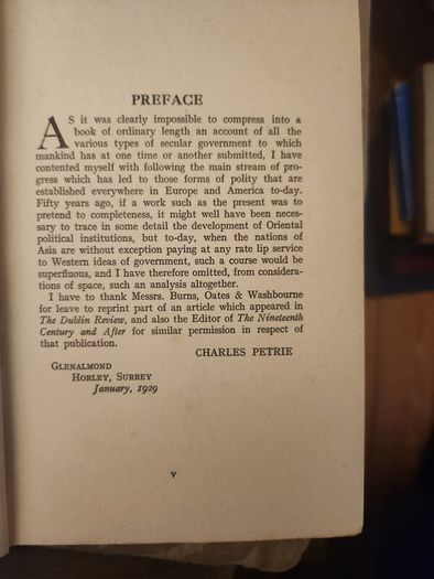 The History Of Government.  By Charles Petrie. Rare  First Edition 1929 Hardback In Good Condition. See Photos For Same.