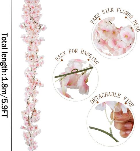 8 Pack Artificial Silk Cherry Blossom Hanging Vine Garland for Wedding Home Garden Party Decor (Pink)