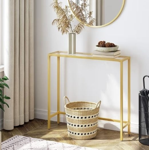 Tempered Glass Sofa Table, Gold Slim Hallway Table, 75 x 22 x 80 cm, for Living Room, Entryway, Hallway, Metal Frame, Sturdy, Gold
