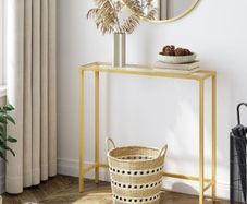 Tempered Glass Sofa Table, Gold Slim Hallway Table, 75 x 22 x 80 cm, for Living Room, Entryway, Hallway, Metal Frame, Sturdy, Gold
