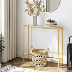 Tempered Glass Sofa Table, Gold Slim Hallway Table, 75 x 22 x 80 cm, for Living Room, Entryway, Hallway, Metal Frame, Sturdy, Gold