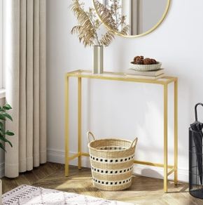 Tempered Glass Sofa Table, Gold Slim Hallway Table, 75 x 22 x 80 cm, for Living Room, Entryway, Hallway, Metal Frame, Sturdy, Gold