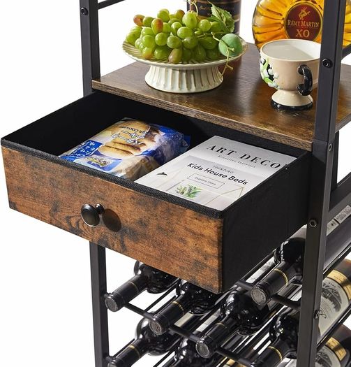 Wine Rack Freestanding Floor with Glass Holder,Brown TMJ905H | Bar Cabinet for Liquor and Glasses 4-Tier Coffee Bar Cabinet Glass Holder and Storage Drawer for Home Kitchen Living Room