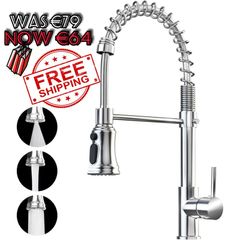 NEW SALE | Kitchen Sink Mixer Tap with 360 Degree Swivel Pull Down Sprayer Commercial Single Handle Tap Cold and Hot 3-Modes Spray with Standard Fittings Chrome