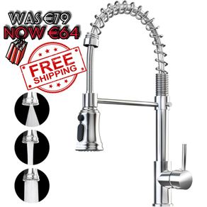 NEW SALE | Kitchen Sink Mixer Tap with 360 Degree Swivel Pull Down Sprayer Commercial Single Handle Tap Cold and Hot 3-Modes Spray with Standard Fittings Chrome