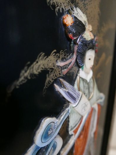 Vintage large Japanese Mother of Pearl Wall Panel / Black Lacquer Geisha Warrior & Floral ORIENTAL WALL ART