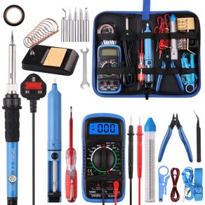 Soldering Iron Kit,WOWGO 60W Adjustable Temperature Welding Tools Set with 5 Soldering Tips,Digital Multimeter,Soldering Iron Stand,Tin Wire Tube,Desoldering Pump and Portable PU Tool Bag