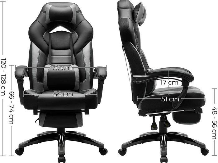 Gaming chair, office chair with footrest, desk chair, ergonomic design, adjustable headrest, lumbar support, loadable up to 150 kg, black-gray