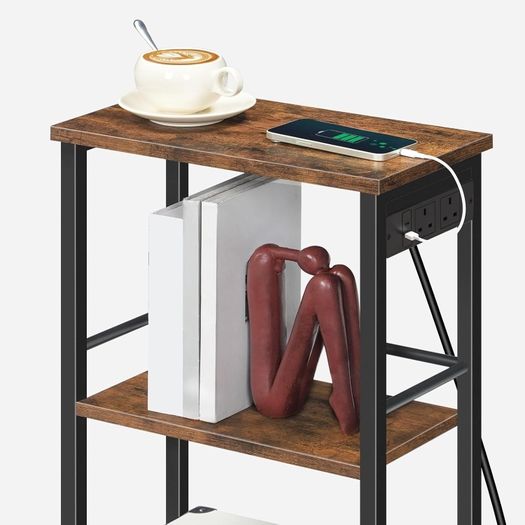Narrow Side Table with Charging Station, 3-Tier End Table for Small Spaces, Sofa Table with Storage Shelf, for Living Room, Foyer, Bedroom, Office, Rustic Brown and Black