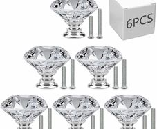 6 PCS Cabinet Knobs with 2 Sizes Screws, 30mm Drawer Handles Crystal Glass Diamond Shaped cupboards Door Knobs