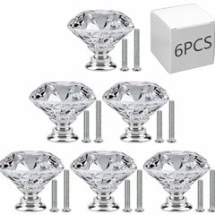 6 PCS Cabinet Knobs with 2 Sizes Screws, 30mm Drawer Handles Crystal Glass Diamond Shaped cupboards Door Knobs