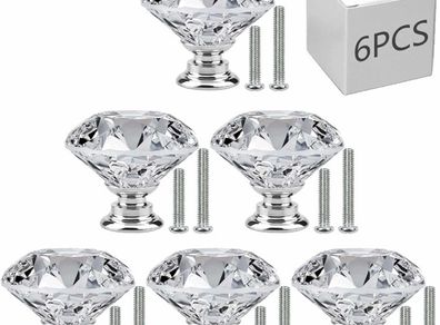 6 PCS Cabinet Knobs with 2 Sizes Screws, 30mm Drawer Handles Crystal Glass Diamond Shaped cupboards Door Knobs