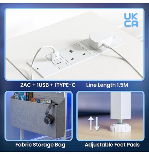 Gaming Desk with LED Lights & Power Outlets, Reversible