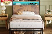 3ft Single Bed Frame with Storage Wooden Headboard, 90x190cm LED Light &amp; Charging Station, Platform Metal Bed Frame Single, with Underbed Storage, Strong Metal Slat Support