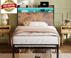 3ft Single Bed Frame with Storage Wooden Headboard, 90x190cm LED Light & Charging Station, Platform Metal Bed Frame Single, with Underbed Storage, Strong Metal Slat Support
