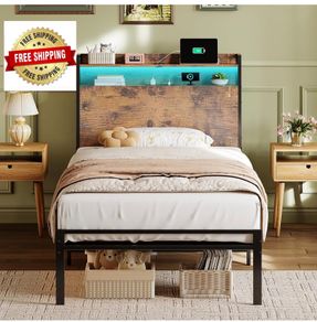 3ft Single Bed Frame with Storage Wooden Headboard, 90x190cm LED Light & Charging Station, Platform Metal Bed Frame Single, with Underbed Storage, Strong Metal Slat Support