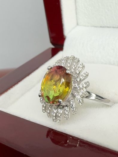 Silver Rainbow Genesis Quartz & Zircon "Sunburst" Ring