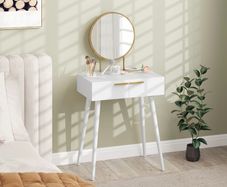 Elegant Dressing Table, with Round Mirror, 60 x 40 x 123 cm - White