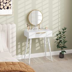 Elegant Dressing Table, with Round Mirror, 60 x 40 x 123 cm - White