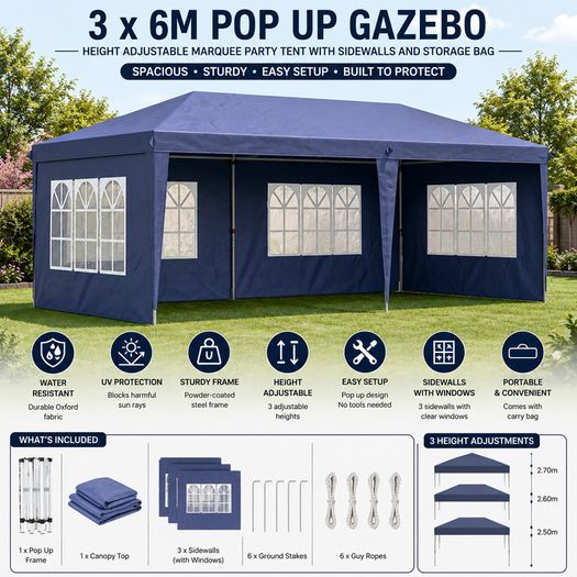 3 x 6m Pop Up Gazebo, Height Adjustable Marquee Party Tent with Sidewalls and Storage Bag