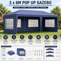 3 x 6m Pop Up Gazebo, Height Adjustable Marquee Party Tent with Sidewalls and Storage Bag