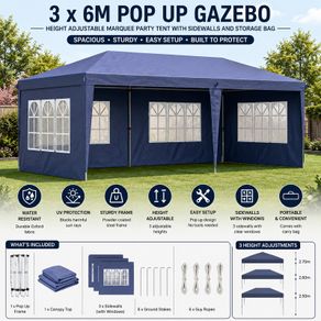 3 x 6m Pop Up Gazebo, Height Adjustable Marquee Party Tent with Sidewalls and Storage Bag