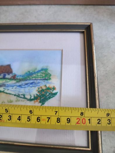 Framed small picture of Cottage , Stitch Patterns - hand coloured Format Needlework Embroidery Crafts.