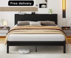 King Size Bed Frame with Storage Wooden Headboard