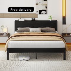 King Size Bed Frame with Storage Wooden Headboard