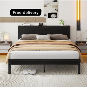 King Size Bed Frame with Storage Wooden Headboard