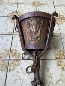 Antique Copper and Iron Hanging Brazier with Rams Head