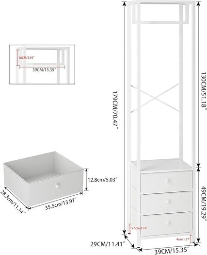 Coat Rack with Non woven Drawer, Freestanding Tall Closet Organizer, Clothes Rack with Rod, Tall Clothes Standing Dresser for Bedroom, Living Room, Entryway, White