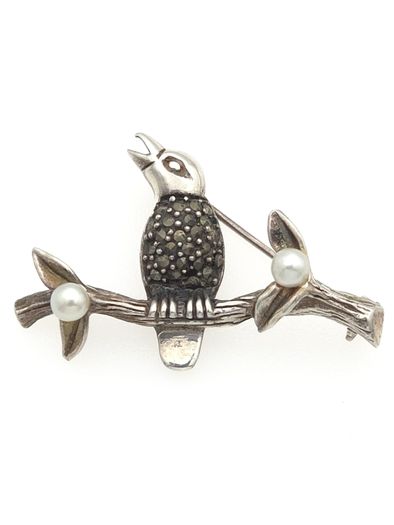 Vintage 925 Sterling Silver Marcasite & Cultured Pearls Singing Bird Brooch