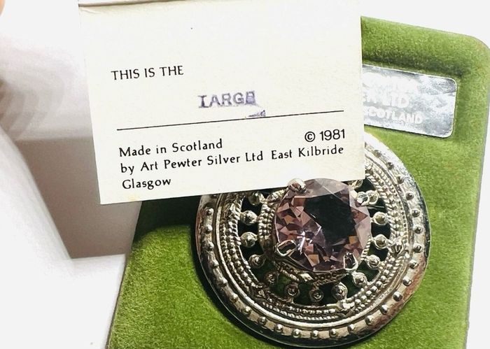 Scottish 1981 Celtic Pewter Traditionally Handmade Brooch Purple Crystal