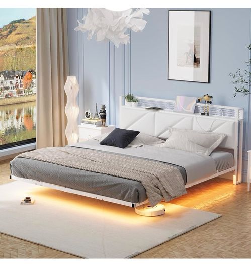 Floating King Metal Bed Frame with LED Lights & USB Charging Station, 150x200cmMetal
