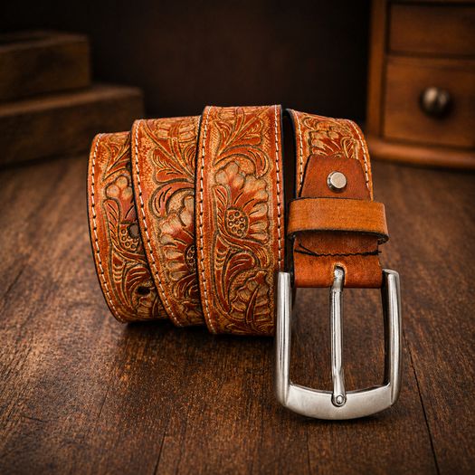 Unisex Genuine Leather Belt Vintage Embossed Design with Antique Buckle Casual & Formal Waist Belt