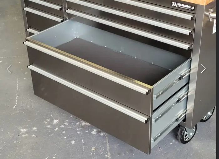 Brand New Manarola 10 drawer Stainless Steel Tool Chest With Solid Oak Wooden Work Top