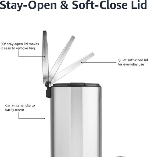 Rectangular Kitchen Pedal Bin with Steel Bar Pedal, Soft-Closing Mechanism, Brushed Stainless Steel, 50 L