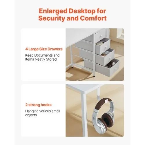 Computer Desk with Fabric Drawers, 120 cm Reversible Study Work Writing Desk for Modern Home Office Bedroom