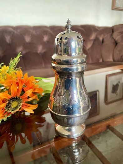 Vintage Silver Plated Sugar Caster or Shaker Baluster Shaped Body Floral foliate Engraving