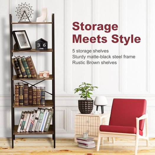Ladder Shelf, 5-Tier Industrial Ladder Bookcase, Ladder Bookshelf Bookcase for Living Room, Office, Rustic Brown and Black, 56x32x172cm