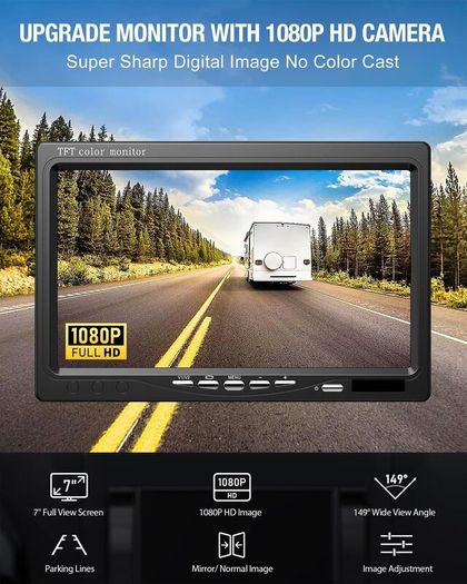 1080P Reversing Camera Kit with 7-Inch HD Monitor, IP68 Waterproof Night Vision Camera, Parking Sensors & 15m Cable for Van, Truck, RV, Bus and Trailer