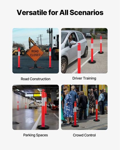 6 Pack Traffic Delineator Posts 1140 mm Traffic Safety Cones with Weighted Base and Reflective Strips, Heavy Duty Delineator Posts for Construction Site, Parking Lot