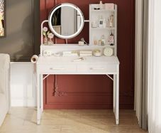 Dressing Table with LED Lights, Adjustable Brightness & Height Adjustable for 120-180 cm, 2 Fabric Drawers, 80 x 40 x 136 cm, White + White