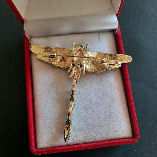 Green Crystal & Enamel Dragonfly Brooch Shawl Pin Badge Insect Fly Bug Vintage Styl