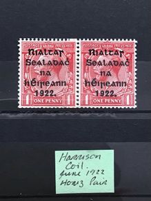 Ireland June 1922 Harrison Coils 1d Scarlet Sg27 Horizontal Pair MH