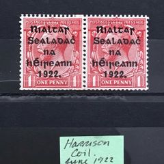 Ireland June 1922 Harrison Coils 1d Scarlet Sg27 Horizontal Pair MH