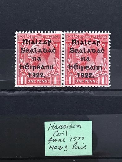 Ireland June 1922 Harrison Coils 1d Scarlet Sg27 Horizontal Pair MH