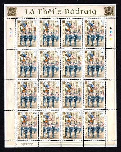 2003 Ireland St Patrick's Day (41c St. Patrick, 50c Cathedral & 57c Parade) Commemorative Stamps Sheetlet Plate 1B1B1B1B Mint Never Hinged (MNH).