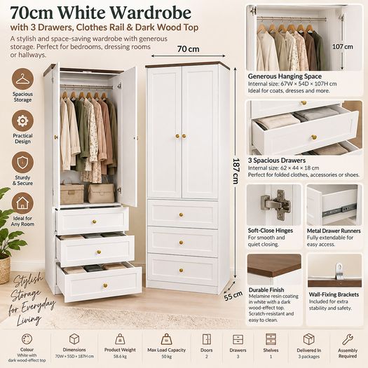 70cm White Wardrobe with 3 Drawers, Clothes Rail & Dark Wood Top